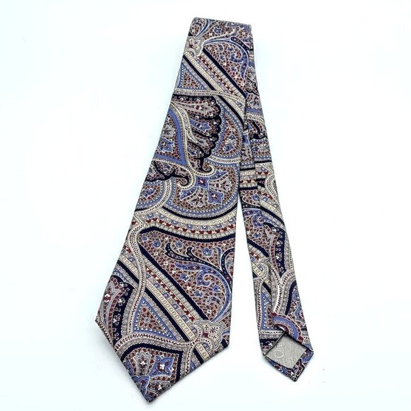 Vintage Christian Dior Red Blue Grey Paisley Print Silk Tie - Picture 1 of 5
